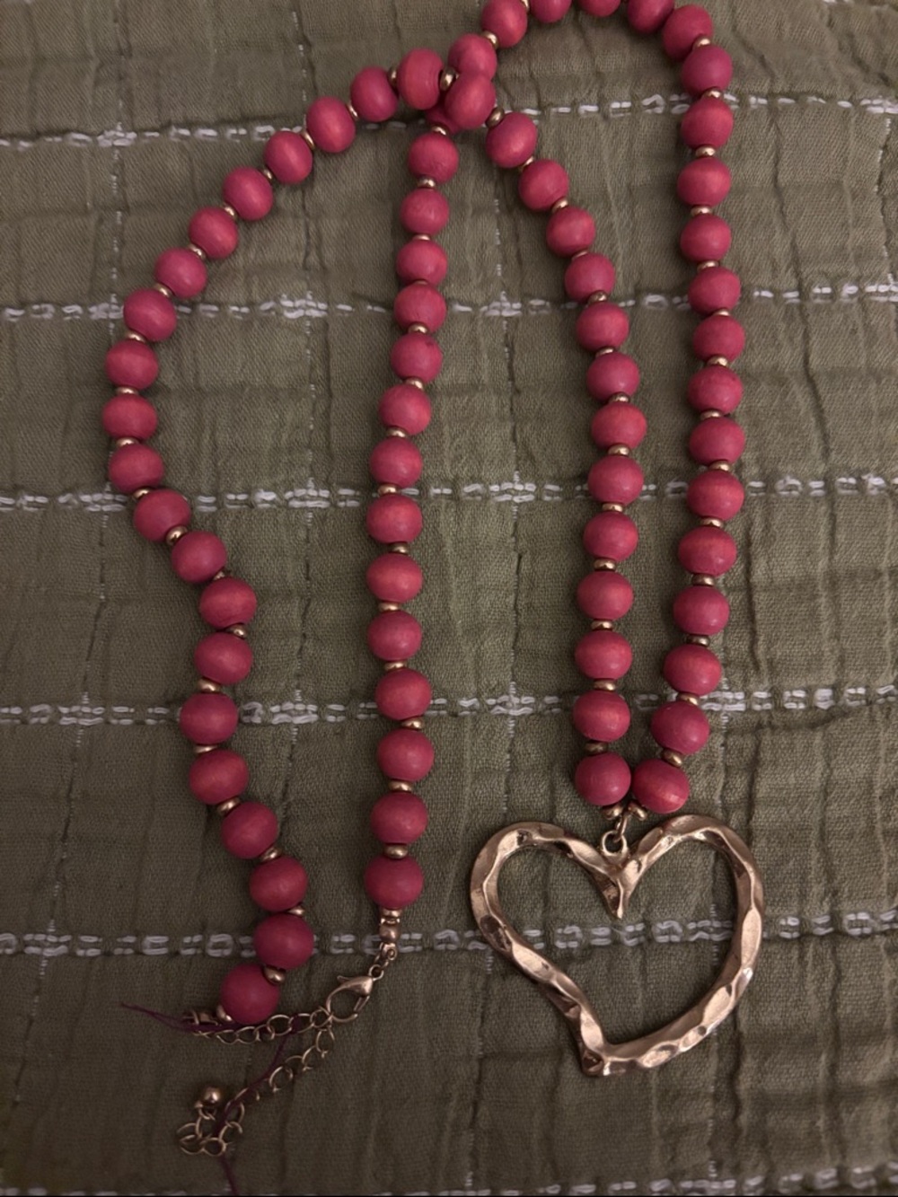 Pink Beaded Necklace with Hammered Heart Pendant